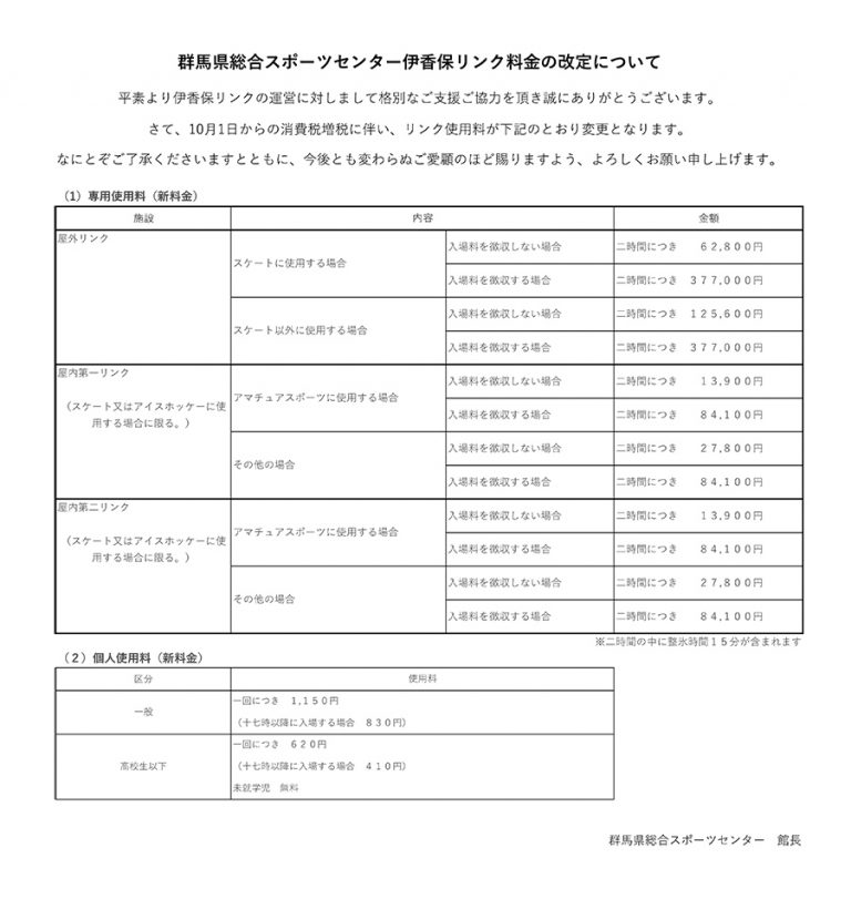 群馬県スポーツ協会 10月1日からの消費税増税に伴う、リンク使用料の変更について